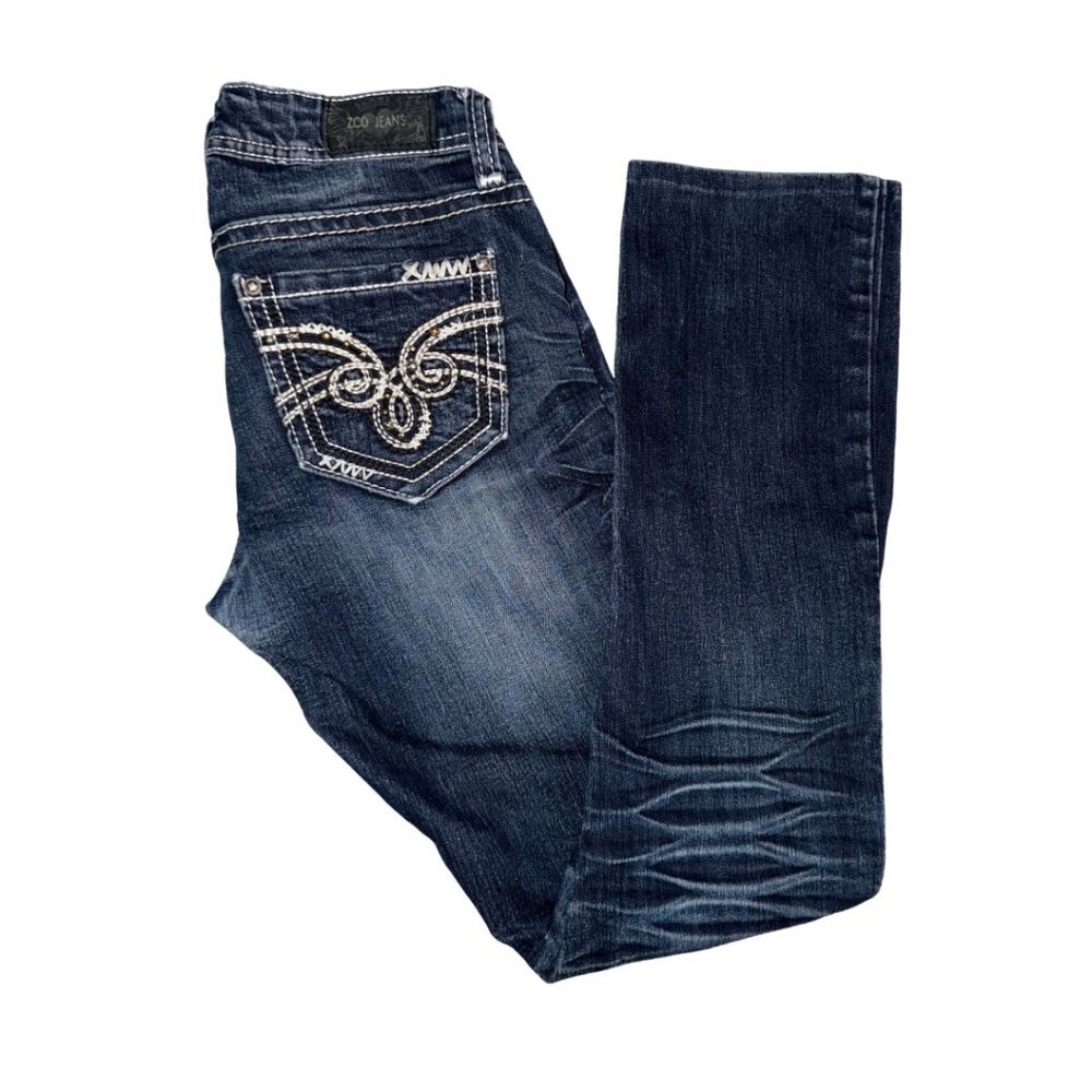 ZCO Jeans Women Size 3 Low Rise y2k Dark Blue White Stitching